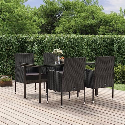 Emmtore 5-TLG. Garten-Essgruppe mit Kissen Schwarz Poly Rattan 160 cm Tischlänge Gartenmöbel Gartengarnitur Sitzgruppe Sitzgarnitur Gartenset Gartentisch Esstisch Gartenstuhl Tisch Stühle von Emmtore