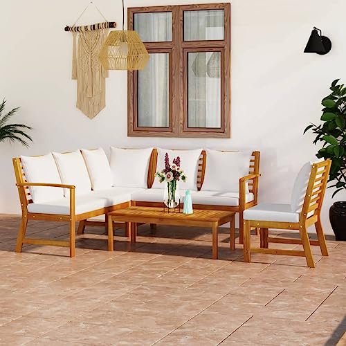 Emmtore 5-TLG. Garten-Lounge-Set mit Auflagen Creme Massivholz Akazie Eckteil + Mittelteil + 2X Bank + Tisch von Emmtore