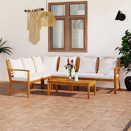 Emmtore 5-TLG. Garten-Lounge-Set mit Auflagen Creme Massivholz Akazie Mittelteil + Eckteil + 2X Bank + Tisch von Emmtore