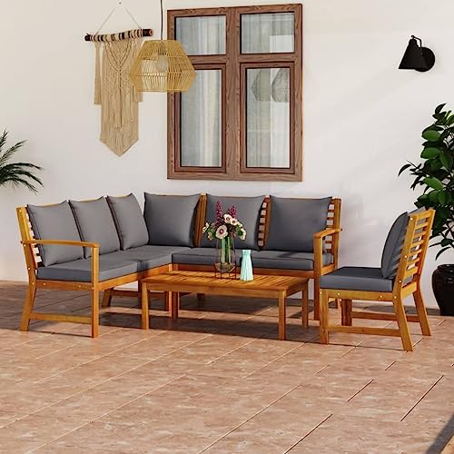 Emmtore 5-TLG. Garten-Lounge-Set mit Auflagen Massivholz Akazie Eckteil + Mittelteil + 2X Bank + Tisch von Emmtore