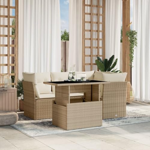 Emmtore 5-TLG. Garten-Sofagarnitur mit Kissen Beige und Creme Poly Rattan ohne Stauraum,Outdoor Sofa Set, Outdoor Sofagarnitur, Garten-Lounge-Set von Emmtore