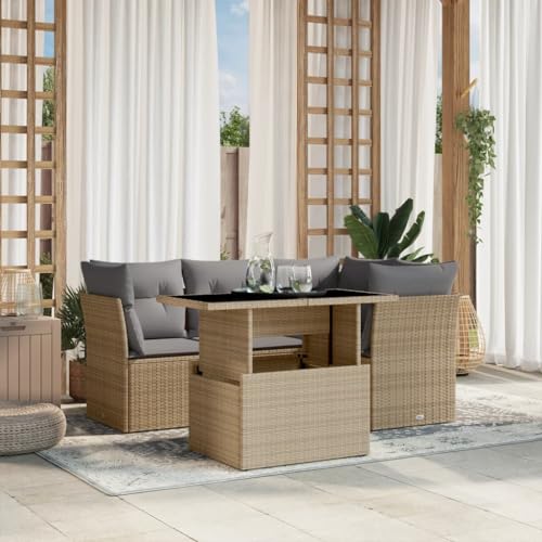 Emmtore 5-TLG. Garten-Sofagarnitur mit Kissen Beige und Grau Poly Rattan ohne Stauraum Outdoor Sofa Set, Outdoor Sofagarnitur, Garten-Lounge-Set von Emmtore