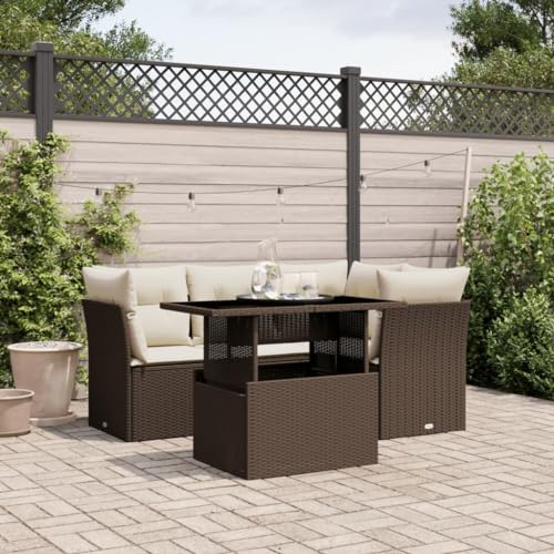 Emmtore 5-TLG. Garten-Sofagarnitur mit Kissen Braun und Creme Poly Rattan ohne Stauraum Outdoor Sofa Set, Outdoor Sofagarnitur, Garten-Lounge-Set von Emmtore