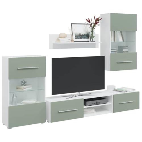 Emmtore 5-TLG. Wohnwand mit LED-Beleuchtung Mattschwarz Holzwerkstoff, TV-Möbel, Medienwand, Medienschrank, Anbauwand, Entertainment-Möbel Olivgrün Emmtore 5-TLG. Wohnwand mit LED-Beleuchtung Mattschwarz Holzwerkstoff, TV-Möbel, Medienwand, Medienschrank, Anbauwand, Entertainment-Möbel Olivgrün von Emmtore