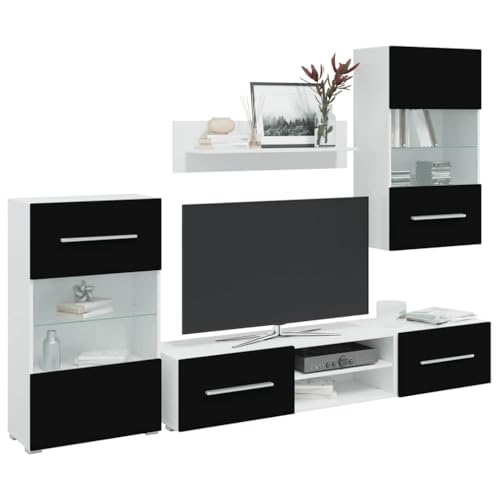 Emmtore 5-TLG. Wohnwand mit LED-Beleuchtung Mattschwarz Holzwerkstoff, TV-Möbel, Medienwand, Medienschrank, Anbauwand, Entertainment-Möbel Schwarz Emmtore 5-TLG. Wohnwand mit LED-Beleuchtung Mattschwarz Holzwerkstoff, TV-Möbel, Medienwand, Medienschrank, Anbauwand, Entertainment-Möbel Schwarz von Emmtore