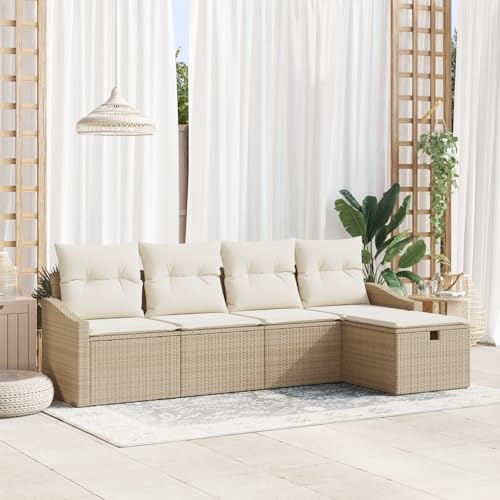 Emmtore 5-teiliges Garten Sofa Set mit Kissen Poly Rattan Outdoor Modulare Sitzmöglichkeiten Sektionale Patio Möbel Beige,Cremeweiß,ohne Tisch von Emmtore