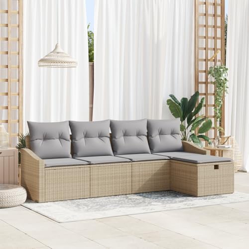 Emmtore 5-teiliges Garten Sofa Set mit Kissen Poly Rattan Outdoor Modulare Sitzmöglichkeiten Sektionale Patio Möbel Beige,Hellgrau,ohne Tisch von Emmtore