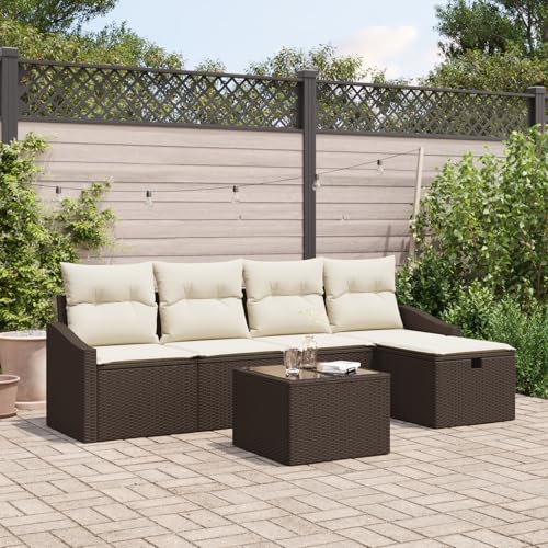 Emmtore 5-teiliges Garten Sofa Set mit Kissen Poly Rattan Outdoor Modulare Sitzmöglichkeiten Sektionale Patio Möbel Braun,Cremeweiß,mit Tisch von Emmtore