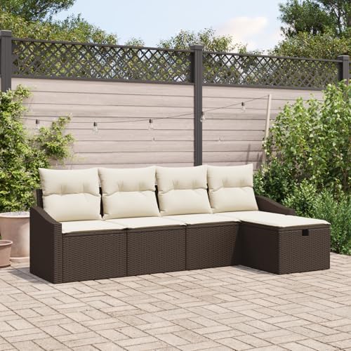 Emmtore 5-teiliges Garten Sofa Set mit Kissen Poly Rattan Outdoor Modulare Sitzmöglichkeiten Sektionale Patio Möbel Braun,Cremeweiß,ohne Tisch von Emmtore