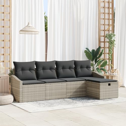 Emmtore 5-teiliges Garten Sofa Set mit Kissen Poly Rattan Outdoor Modulare Sitzmöglichkeiten Sektionale Patio Möbel Hellgrau,Dunkelgrau,ohne Tisch von Emmtore