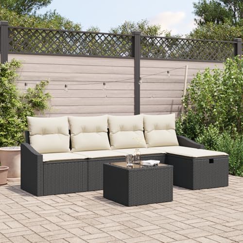 Emmtore 5-teiliges Garten Sofa Set mit Kissen Poly Rattan Outdoor Modulare Sitzmöglichkeiten Sektionale Patio Möbel Schwarz,Cremeweiß,mit Tisch von Emmtore