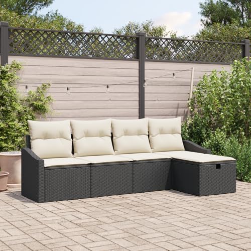 Emmtore 5-teiliges Garten Sofa Set mit Kissen Poly Rattan Outdoor Modulare Sitzmöglichkeiten Sektionale Patio Möbel Schwarz,Cremeweiß,ohne Tisch von Emmtore