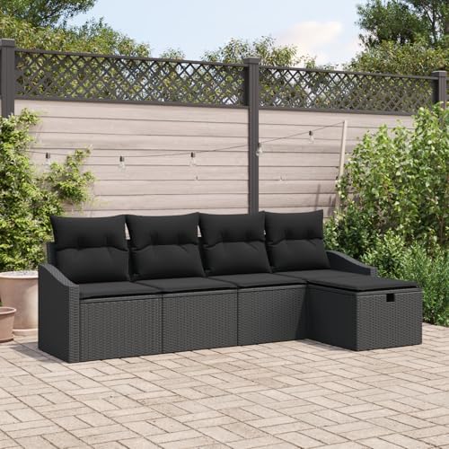 Emmtore 5-teiliges Garten Sofa Set mit Kissen Poly Rattan Outdoor Modulare Sitzmöglichkeiten Sektionale Patio Möbel Schwarz,Schwarz,ohne Tisch von Emmtore