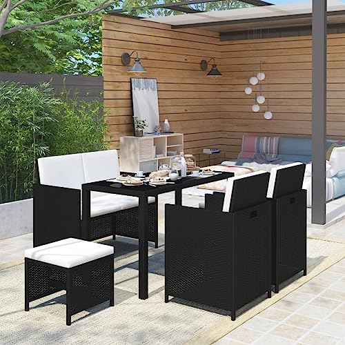 Emmtore 6-TLG. Garten-Essgruppe mit Auflagen Poly Rattan Sitzgruppe Gartengarnitur Schwarz und Weiß von Emmtore
