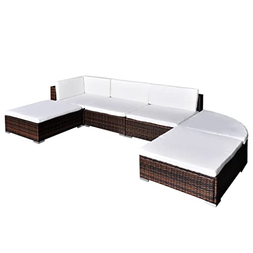 Emmtore 6-TLG. Garten-Lounge-Set mit Auflagen Poly Rattan,1 x Sofa-Eckteil,2 x Sofa-Mittelstück,2 x quadratischer Hocker,1 x Abgerundeter Hocker,Braun von Emmtore
