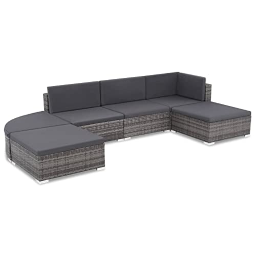 Emmtore 6-TLG. Garten-Lounge-Set mit Auflagen Poly Rattan,1 x Sofa-Eckteil,2 x Sofa-Mittelstück,2 x quadratischer Hocker,1 x Abgerundeter Hocker,Grau von Emmtore