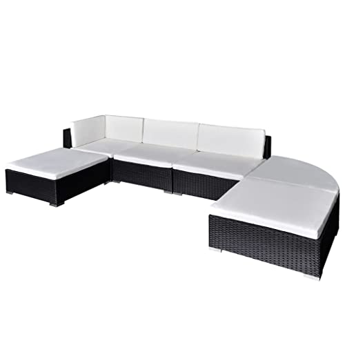 Emmtore 6-TLG. Garten-Lounge-Set mit Auflagen Poly Rattan,1 x Sofa-Eckteil,2 x Sofa-Mittelstück,2 x quadratischer Hocker,1 x Abgerundeter Hocker,Schwarz von Emmtore