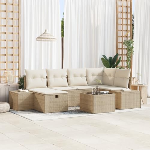 Emmtore 6-teiliges Garten-Sofa-Set mit Kissen|Wetterfeste modulare Sitzgelegenheiten in Poly-Rattan für Balkone und Terrassen.Beige,Cremeweiß,mit Tisch von Emmtore