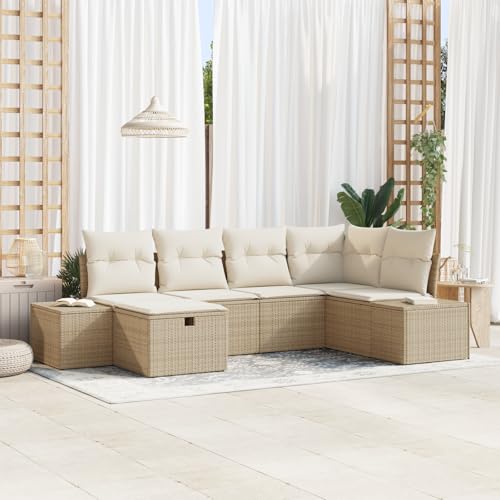 Emmtore 6-teiliges Garten-Sofa-Set mit Kissen|Wetterfeste modulare Sitzgelegenheiten in Poly-Rattan für Balkone und Terrassen.Beige,Cremeweiß,ohne Tisch von Emmtore