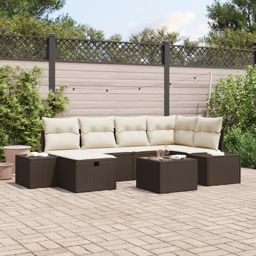 Emmtore 6-teiliges Garten-Sofa-Set mit Kissen|Wetterfeste modulare Sitzgelegenheiten in Poly-Rattan für Balkone und Terrassen.Braun,Cremeweiß,mit Tisch von Emmtore