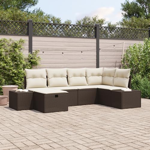 Emmtore 6-teiliges Garten-Sofa-Set mit Kissen|Wetterfeste modulare Sitzgelegenheiten in Poly-Rattan für Balkone und Terrassen.Braun,Cremeweiß,ohne Tisch von Emmtore