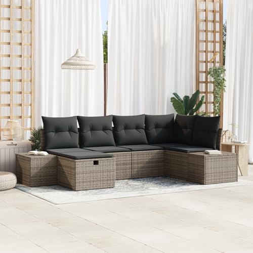 Emmtore 6-teiliges Garten-Sofa-Set mit Kissen|Wetterfeste modulare Sitzgelegenheiten in Poly-Rattan für Balkone und Terrassen.Grau,Dunkelgrau,ohne Tisch von Emmtore