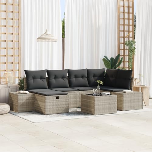 Emmtore 6-teiliges Garten-Sofa-Set mit Kissen|Wetterfeste modulare Sitzgelegenheiten in Poly-Rattan für Balkone und Terrassen.Hellgrau,Dunkelgrau,mit Tisch von Emmtore