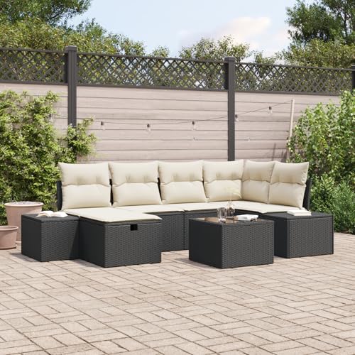 Emmtore 6-teiliges Garten-Sofa-Set mit Kissen|Wetterfeste modulare Sitzgelegenheiten in Poly-Rattan für Balkone und Terrassen.Schwarz,Cremeweiß,mit Tisch von Emmtore