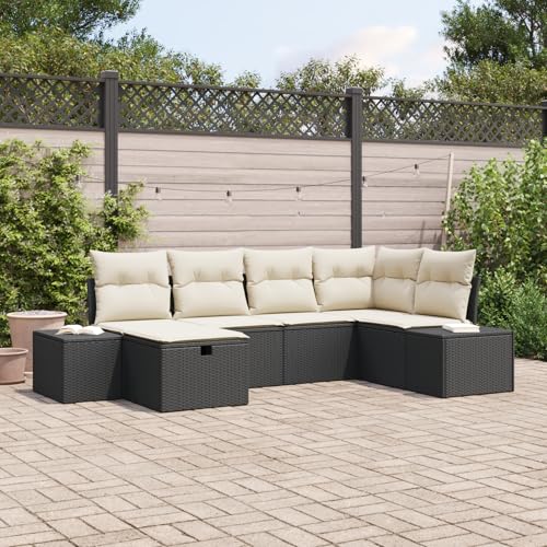 Emmtore 6-teiliges Garten-Sofa-Set mit Kissen|Wetterfeste modulare Sitzgelegenheiten in Poly-Rattan für Balkone und Terrassen.Schwarz,Cremeweiß,ohne Tisch von Emmtore
