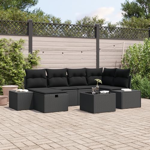 Emmtore 6-teiliges Garten-Sofa-Set mit Kissen|Wetterfeste modulare Sitzgelegenheiten in Poly-Rattan für Balkone und Terrassen.Schwarz,Schwarz,mit Tisch von Emmtore