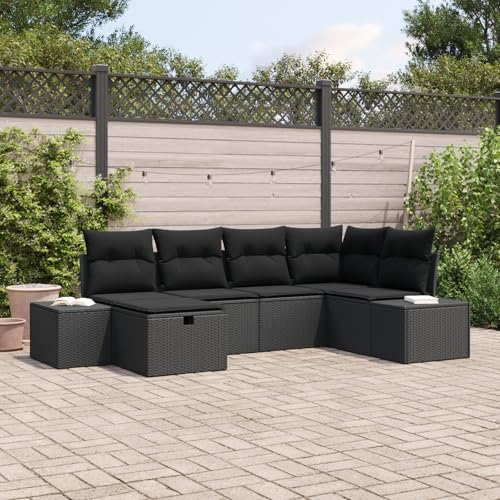 Emmtore 6-teiliges Garten-Sofa-Set mit Kissen|Wetterfeste modulare Sitzgelegenheiten in Poly-Rattan für Balkone und Terrassen.Schwarz,Schwarz,ohne Tisch von Emmtore
