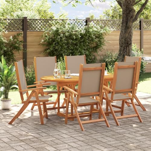 Emmtore 7-TLG. Garten-Essgruppe Massivholz Akazie und Textilene Gartenmöbel Set Tisch, Sitzgruppe für Garten Terrasse, Gartengarnitur Klappstuhl Taupe Oval von Emmtore