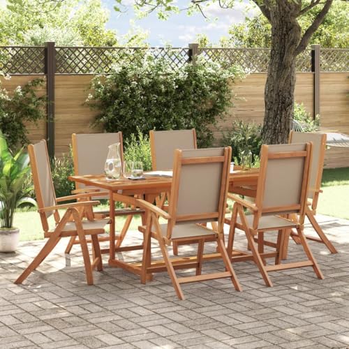 Emmtore 7-TLG. Garten-Essgruppe Massivholz Akazie und Textilene Gartenmöbel Set Tisch, Sitzgruppe für Garten Terrasse, Gartengarnitur Klappstuhl Taupe Rechteckig von Emmtore