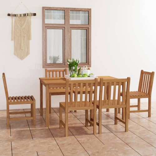 Emmtore 7-TLG. Garten-Essgruppe Massivholz Teak, Gartenmöbel Sitzgruppe Gartengarnitur Sitzgarnitur Gartenset Gartenstuhl Stühle Tisch Gartentisch Holzstuhl Holztisch 6X Stuhl + Tisch von Emmtore