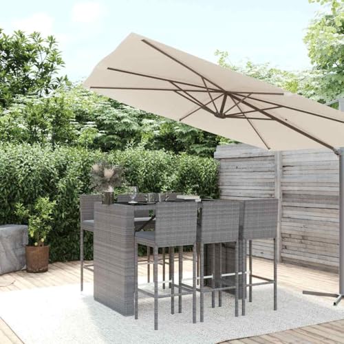 Emmtore 7-TLG. Gartenbar-Set mit Kissen Gartenmöbel Bartisch, Stehtisch Barhocker für Garten Terrasse, Sitzgruppe Gartenset Grau Poly Rattan von Emmtore