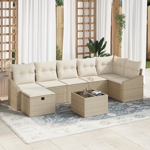 Emmtore 7-teilige Garten Sofa Set mit Kissen Poly Rattan Outdoor Möbel Bequeme Sitzgelegenheit Stauraum für Terrasse Balkon 4-Sitzer Sofas SchnittsofaBeige,Cremeweiß,mit Tisch von Emmtore