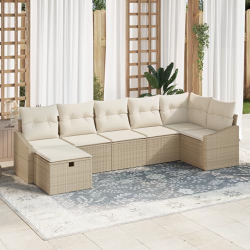 Emmtore 7-teilige Garten Sofa Set mit Kissen Poly Rattan Outdoor Möbel Bequeme Sitzgelegenheit Stauraum für Terrasse Balkon 4-Sitzer Sofas SchnittsofaBeige,Cremeweiß,ohne Tisch von Emmtore