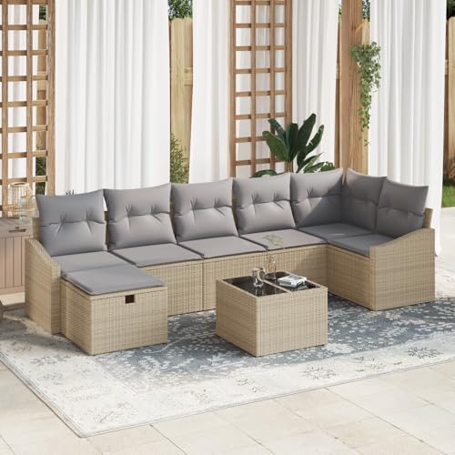 Emmtore 7-teilige Garten Sofa Set mit Kissen Poly Rattan Outdoor Möbel Bequeme Sitzgelegenheit Stauraum für Terrasse Balkon 4-Sitzer Sofas SchnittsofaBeige,Hellgrau,mit Tisch von Emmtore