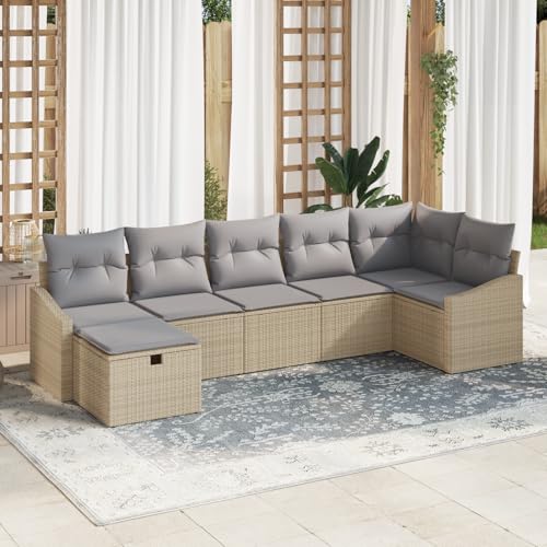 Emmtore 7-teilige Garten Sofa Set mit Kissen Poly Rattan Outdoor Möbel Bequeme Sitzgelegenheit Stauraum für Terrasse Balkon 4-Sitzer Sofas SchnittsofaBeige,Hellgrau,ohne Tisch von Emmtore