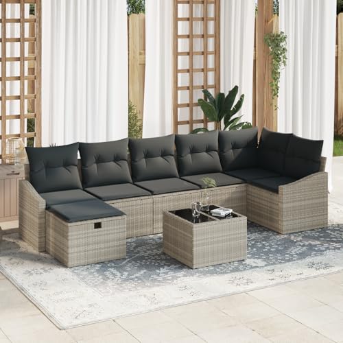 Emmtore 7-teilige Garten Sofa Set mit Kissen Poly Rattan Outdoor Möbel Bequeme Sitzgelegenheit Stauraum für Terrasse Balkon 4-Sitzer Sofas SchnittsofaHellgrau,Dunkelgrau,mit Tisch von Emmtore