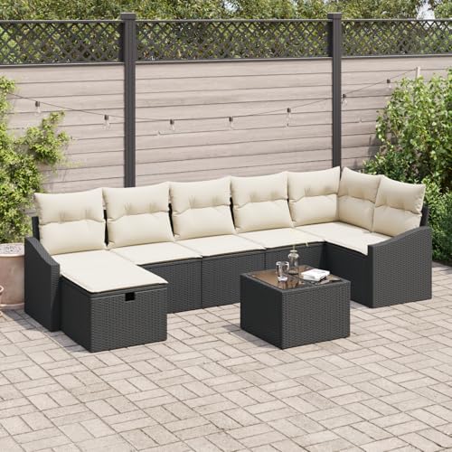 Emmtore 7-teilige Garten Sofa Set mit Kissen Poly Rattan Outdoor Möbel Bequeme Sitzgelegenheit Stauraum für Terrasse Balkon 4-Sitzer Sofas SchnittsofaSchwarz,Cremeweiß,mit Tisch von Emmtore