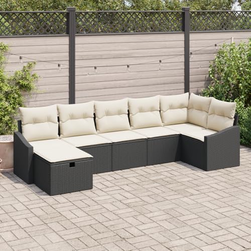 Emmtore 7-teilige Garten Sofa Set mit Kissen Poly Rattan Outdoor Möbel Bequeme Sitzgelegenheit Stauraum für Terrasse Balkon 4-Sitzer Sofas SchnittsofaSchwarz,Cremeweiß,ohne Tisch von Emmtore