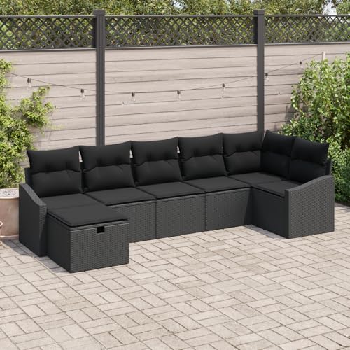 Emmtore 7-teilige Garten Sofa Set mit Kissen Poly Rattan Outdoor Möbel Bequeme Sitzgelegenheit Stauraum für Terrasse Balkon 4-Sitzer Sofas SchnittsofaSchwarz,Schwarz,ohne Tisch von Emmtore