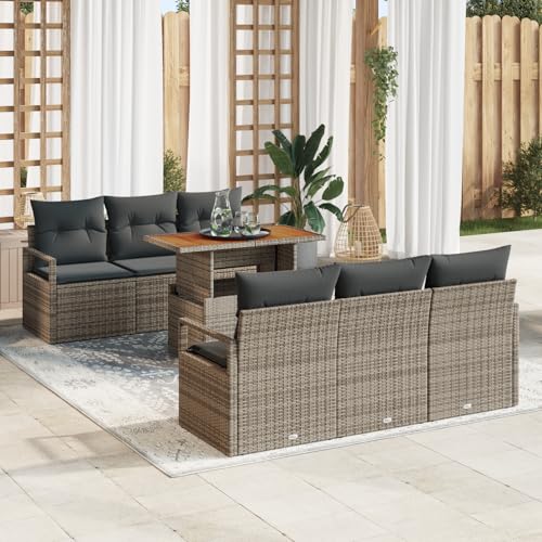 Emmtore 7-teiliges Garten Sofa Set mit Kissen Poly Rattan Akazie, 3-Sitzer Garten Sofa mit Kissen Poly Rattan Grau von Emmtore