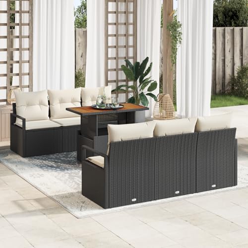 Emmtore 7-teiliges Garten Sofa Set mit Kissen Poly Rattan Akazie, 3-Sitzer Garten Sofa mit Kissen Poly Rattan Schwarz und Creme von Emmtore