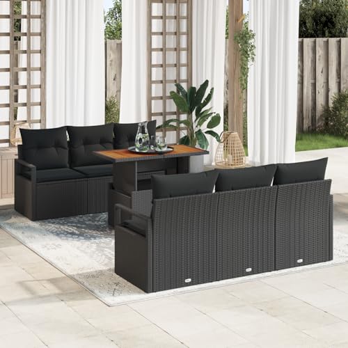 Emmtore 7-teiliges Garten Sofa Set mit Kissen Poly Rattan Akazie, 3-Sitzer Garten Sofa mit Kissen Poly Rattan Schwarz von Emmtore
