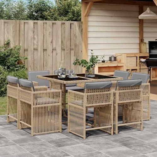 Emmtore 9-TLG. Garten-Essgruppe mit Kissen Gartenmöbel Set Tisch Gartengarnitur mit Kissen, Sitzgruppe Essgarnitur Terrasse, Beigemischung Poly Rattan von Emmtore