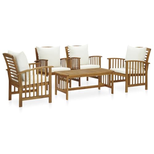 Emmtore Akazienholz Gartenmöbel Lounge Bank Stuhl Tisch Gartenset Gartenbank Beistelltisch Gartengarnitur 5-TLG. Garten-Lounge-Set mit Auflagen Massivholz Akazie 4X Sessel + Tisch von Emmtore