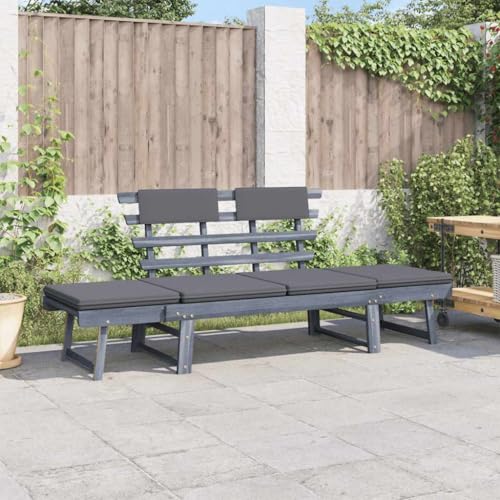 Emmtore Akazienholz Massiv Gartenbank mit Auflagen 2-in-1 Sonnenliege Gartenliege Liege Sitzbank Parkbank Holzbank Bank Gartenmöbel 190 cm Grau Massivholz Akazie von Emmtore
