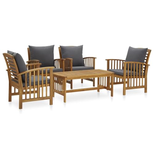 Emmtore Akazienholz Massiv Gartenmöbel Lounge Bank Stuhl Tisch Gartenset Beistelltisch Gartengarnitur 5-TLG. Garten-Lounge-Set mit Auflagen Massivholz Akazie Grau 4X Sessel + Tisch von Emmtore